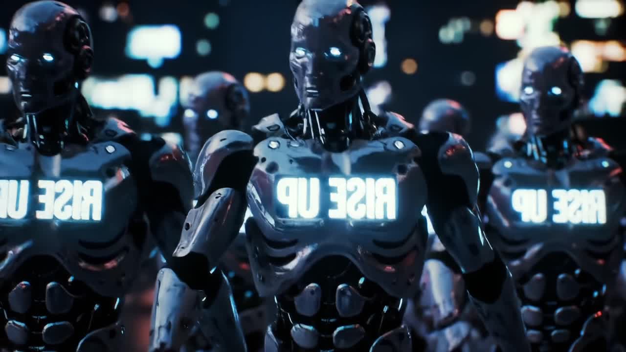 Futuristic Robots with Illuminated Displays Advocate for Resistance in a Technologically Advanced Environment Captured in a Striking Video Sequence