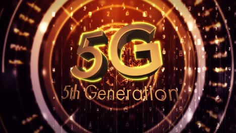 Animation-Von-5G-Text-Der-5.-Generation-über-Einem-Sich-Drehenden-Globus-Und-Scannen-Eines-Zielfernrohrs