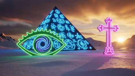 neon eye, pyramid, and cross in snowy landscape