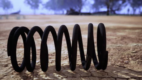 unique black coil on cracked ground in a deserted landscape during daytime
