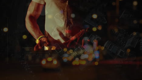 Caucasian-male-artist-playing-keyboard-during-concert-over-city-at-night