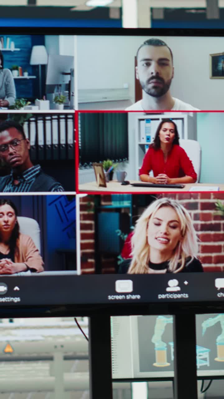 Vertical video Shareholders in photovoltaics plant analyze market trends during videocall