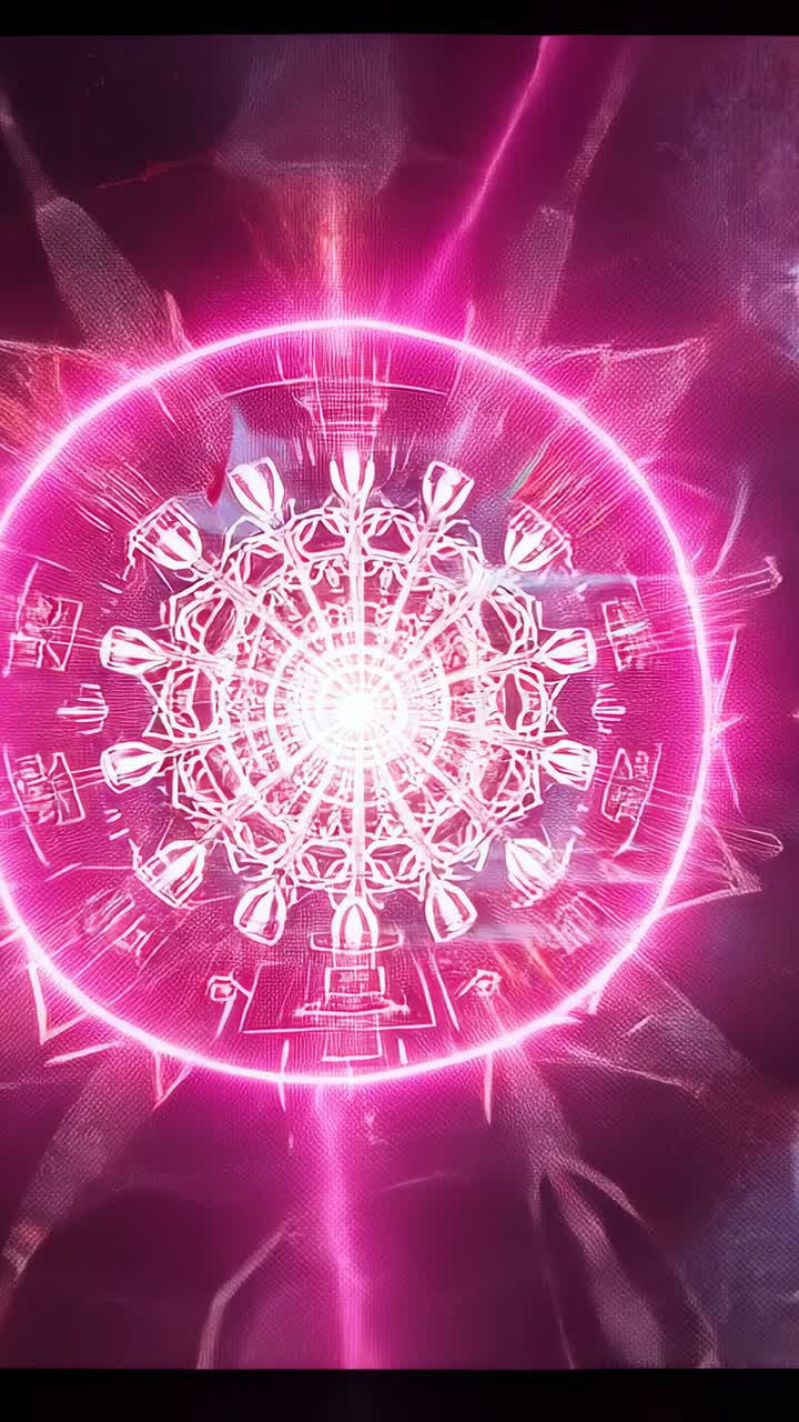 Video verticale: nucleo bianco radiante che fa scintillare un mandala rotante ed emette raggi laser su uno schermo alto