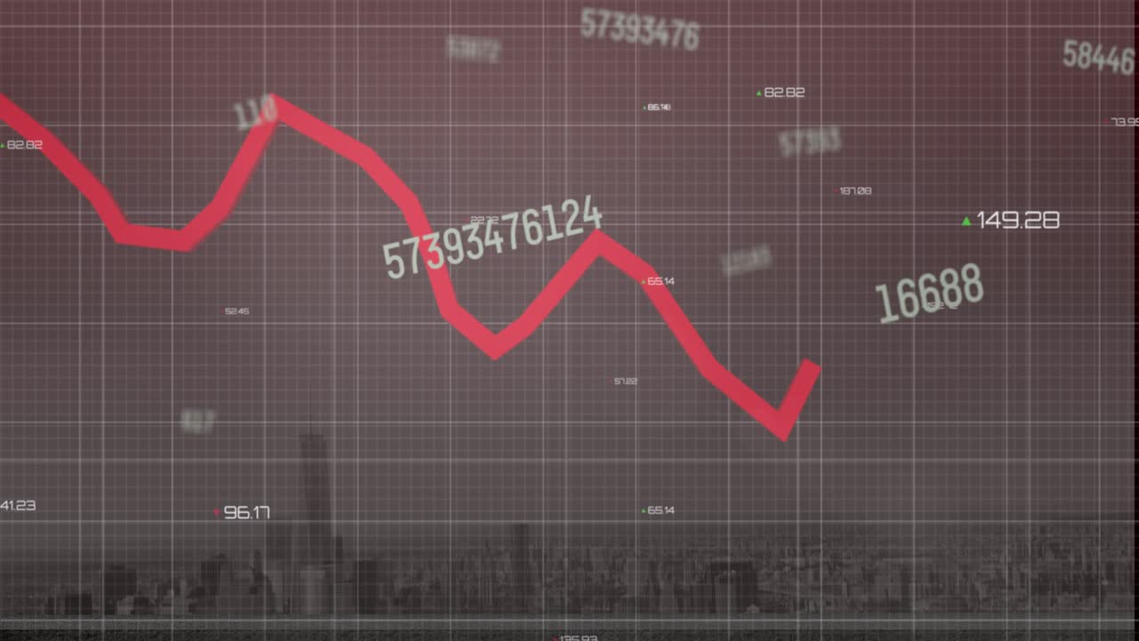 Animation of financial data processing over cityscape