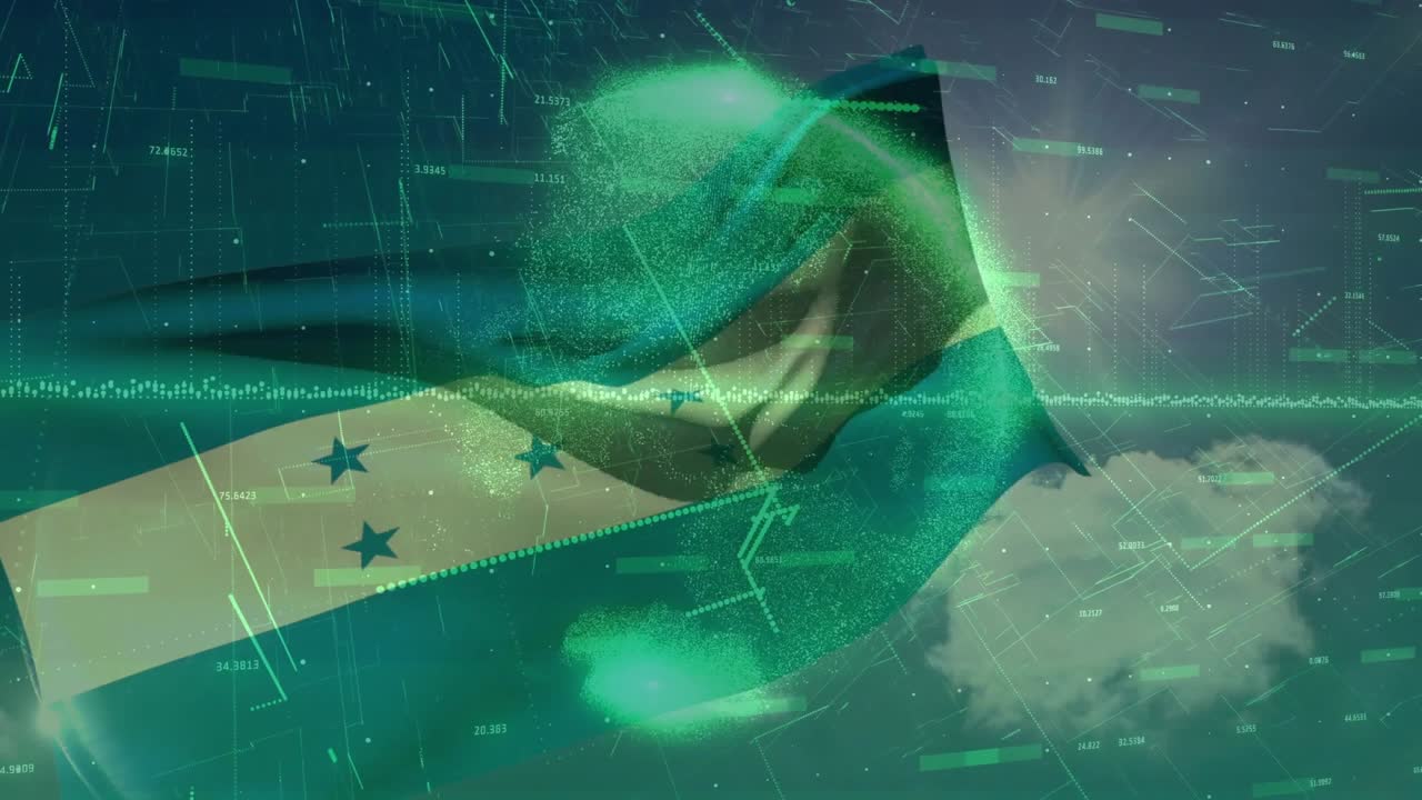 Sphere appearing behind national flag starting data overlay flag waving globe pulsing showing data