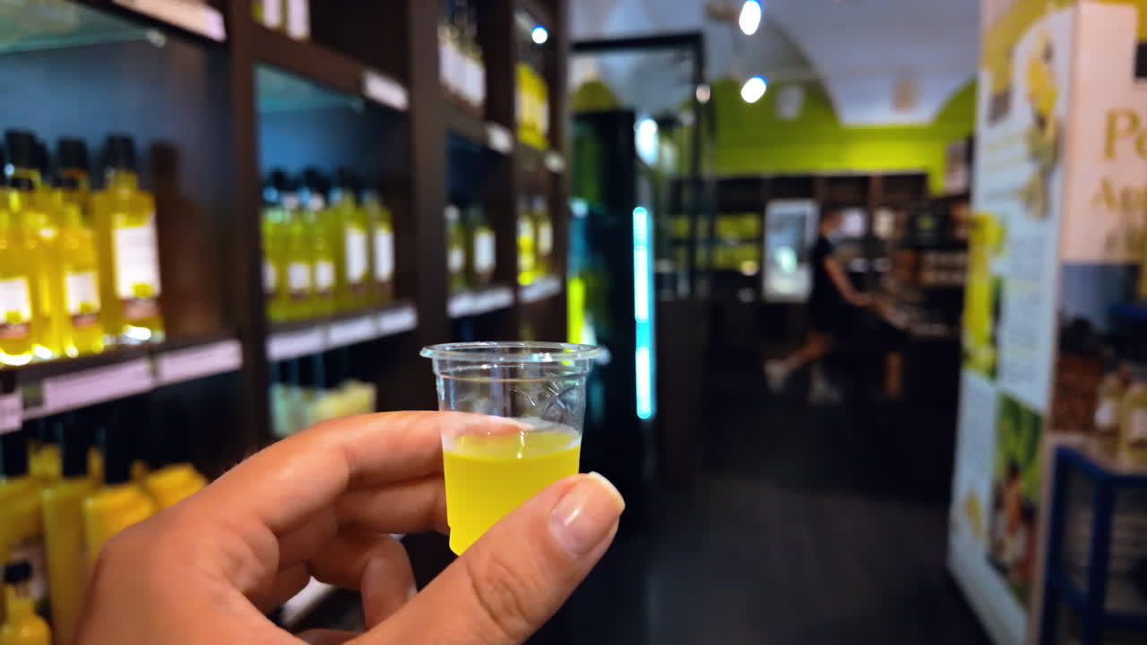 Close up of a woman's hand holding a shot of limoncello in a store