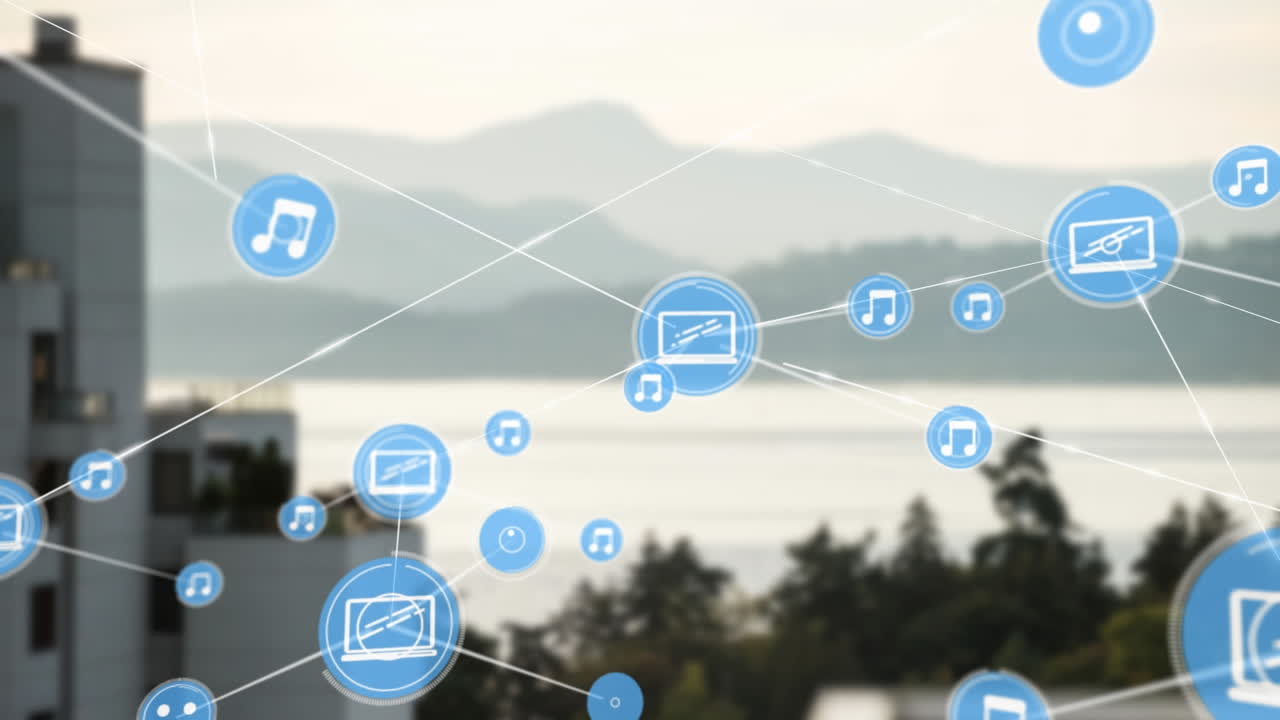 나무, 바다 및 높은 건물과 함께 풍경에 대한 디지털 아이콘 네트워크의 애니메이션