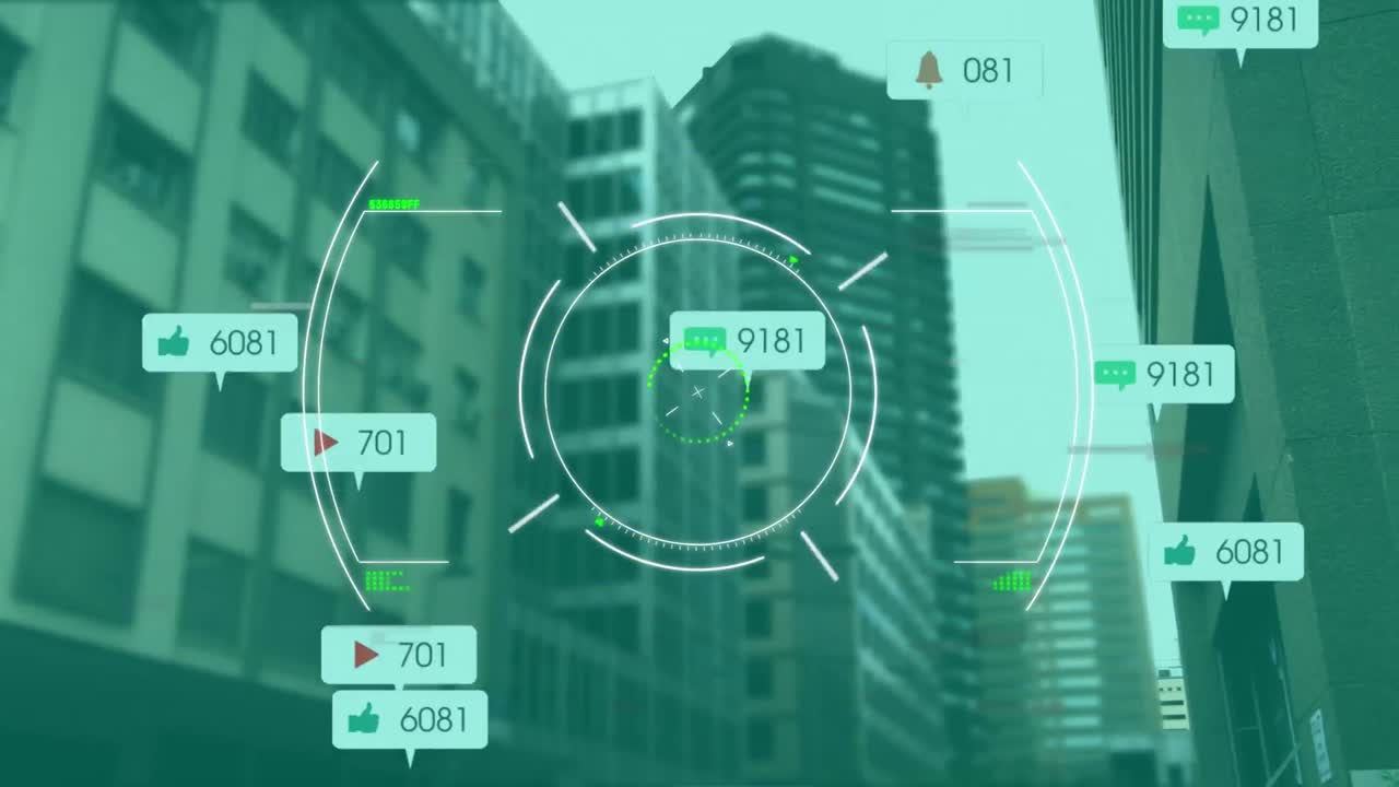 소셜 미디어 아이콘의 애니메이션과 도시 풍경의 범위 스캐닝