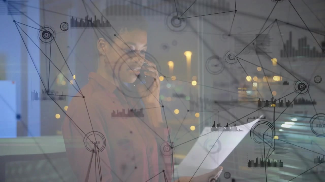 Phone ringing alerting woman lifting phone reading pages talking checking data while overlay moving