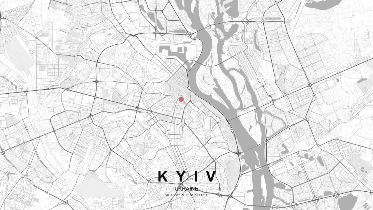 Et detaljeret gadekort over Kyiv, Ukraine, med en rød pulserende GPS-lokaliseringsnål, der markerer et punkt, og viser veje og tæt bynet fra et fugleperspektiv.