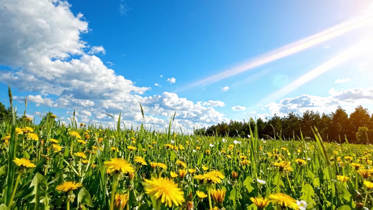Vibrant Flower Field Under Clear Blue Sky: A Beautiful Display of Nature's Colors and Serenity in the Landscape with Bright Dandelions and Fluffy Clouds