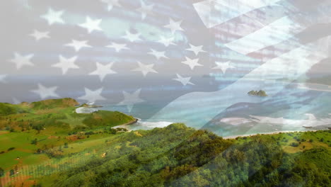 animation of flag of usa blowing over beach landscape