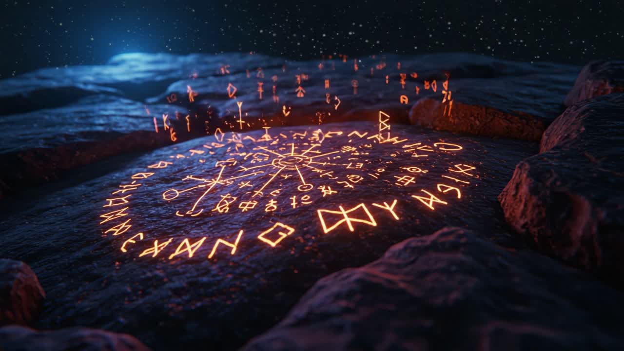 Illuminated Ancient Symbols: A Mystical Encounter with Enigmatic Runes and Celestial Symbols on a Starlit Surface