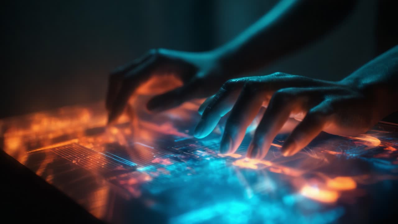 The Intersection of Human Touch and Technology: A Close-Up on Hands Interacting with an Innovative Touchscreen Interface, Emphasizing the Fusion of Interactive Digital Elements and Modern Design Aesthetics