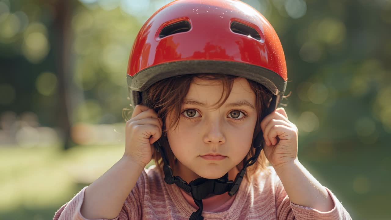 Vertical video: Child holding strap near chin, adjusting red helmet and buckling to secure safety