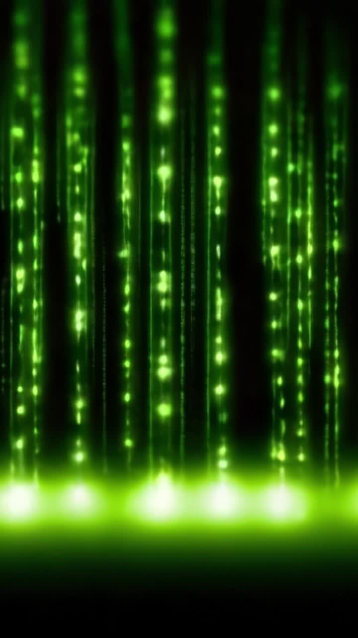 A mesmerizing display of green digital rain, featuring illuminated binary code cascading vertically, creating a captivating cybernetic environment