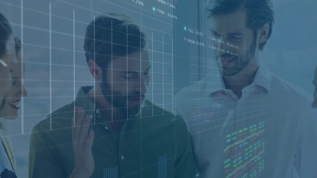 Animasjon av behandling av finansdata og aksjemarkedet over forskjellige forretningsfolk på kontoret