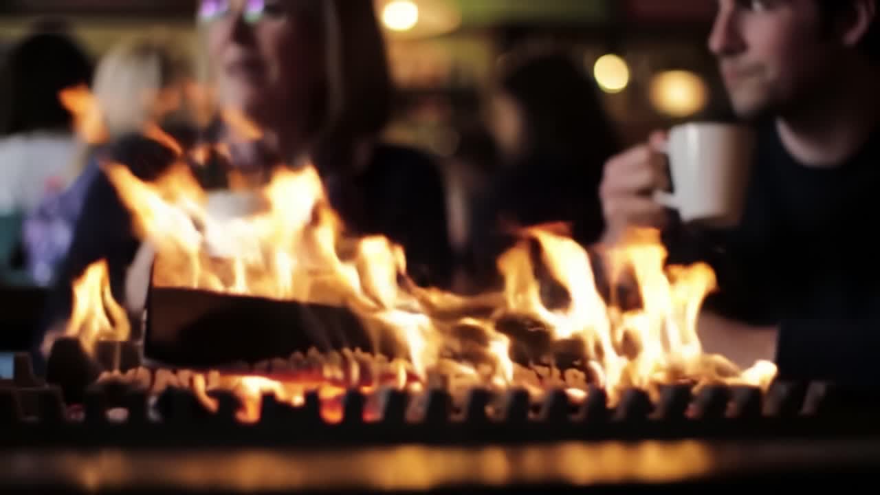 Warmth and Connection: A Cozy Gathering Around the Fire with Friends Enjoying Hot Beverages in a Relaxing Café Atmosphere