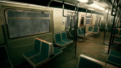 an empty subway car with blue seats in the metro underground