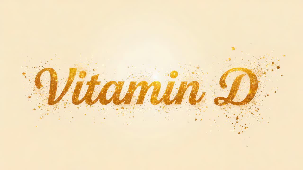 Glimmering gold glitter coalescing, forming Vitamin D script on cream background for title reveal