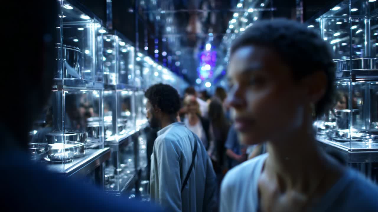 Exploring an Art Installation in a Modern Museum: A Journey Through a Reflective Space Filled with Glass Displays Featuring Intriguing Objects and a Diverse Group of Visitors Engaging with the Creative Environment