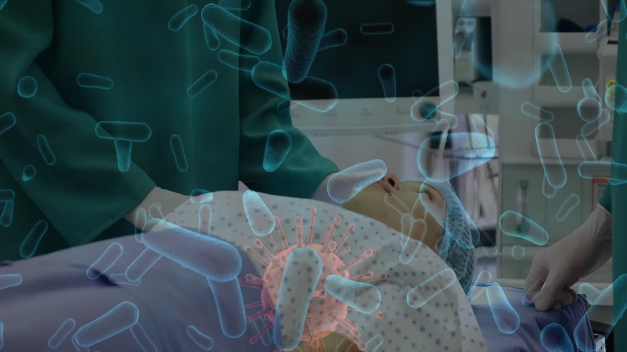 코로나19 세포와 혈관이 병원에서 여성 환자와 대화하는 남성 외과 의사에 대해 떠다니고 있습니다.