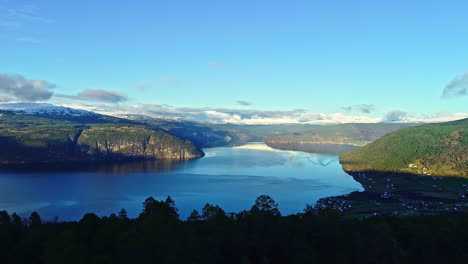 aerial view of idyllic fjord surrounded by norwegian mountains in summer season