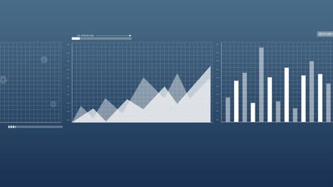 animation of financial data processing and statistics over blue background