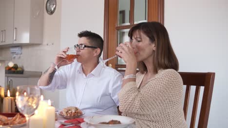 lesbian couple toasting with wine during christmas meal