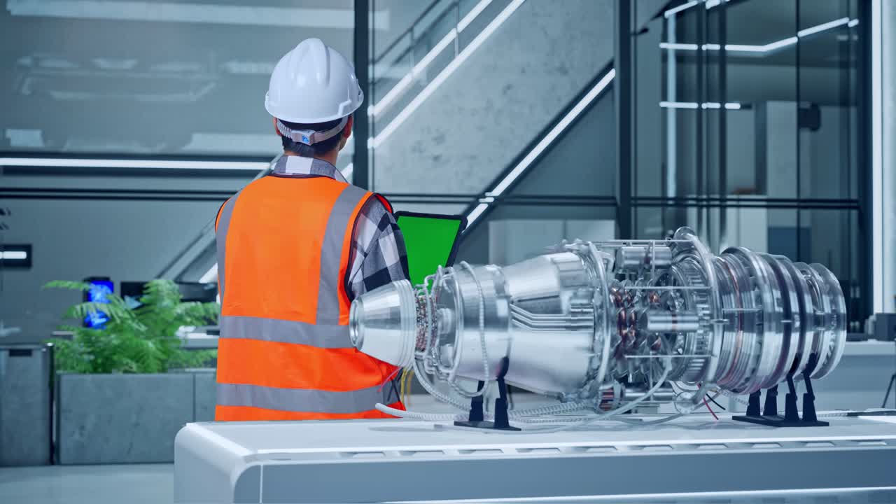 ingegnere che esamina il motore a reazione in una struttura moderna