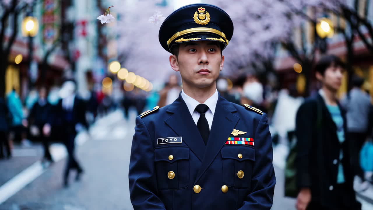 Military officer in Tokyo during Cherry Blossom season