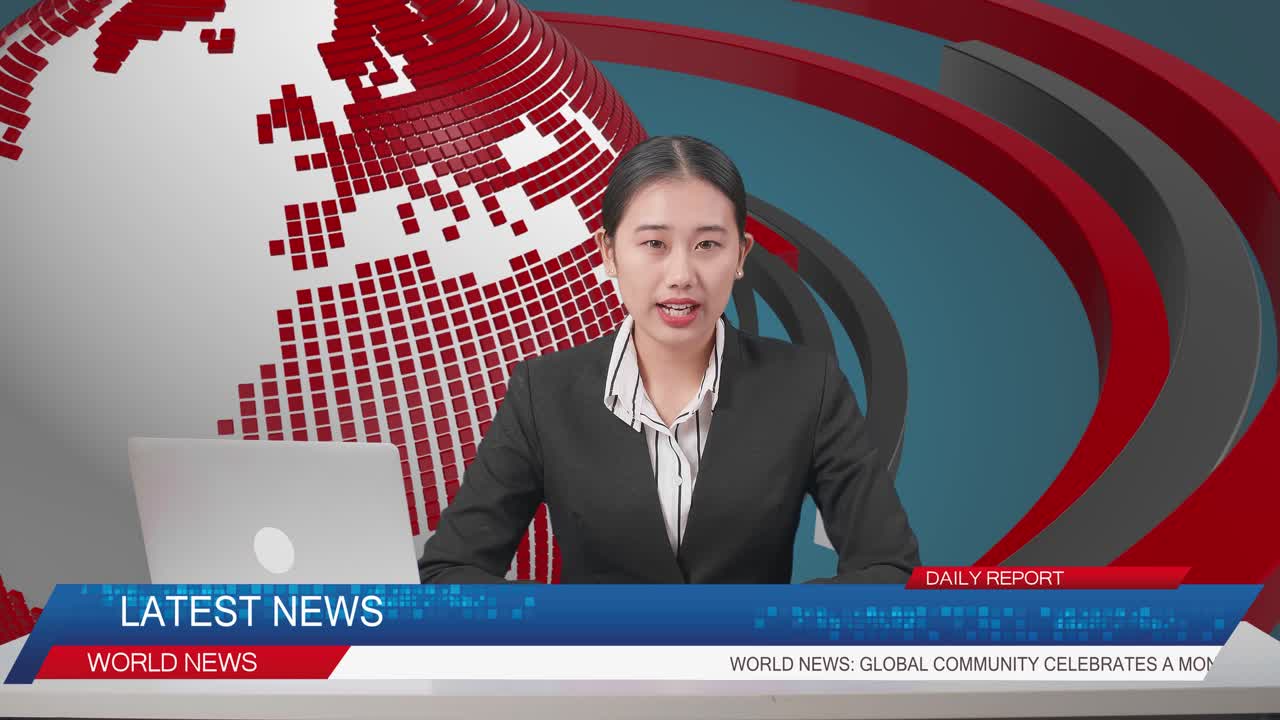 Live News Studio With Asian Professional Female Anchor And Her Computer Reporting On The Events Of The Day