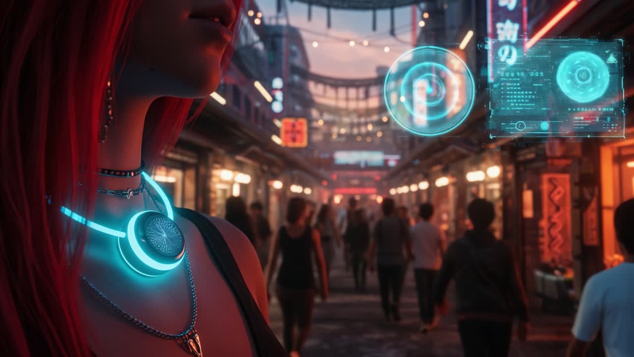 A vibrant neon-lit market scene where a figure with striking red hair and futuristic accessories stands, immersed in the bustling atmosphere of a lively urban street
