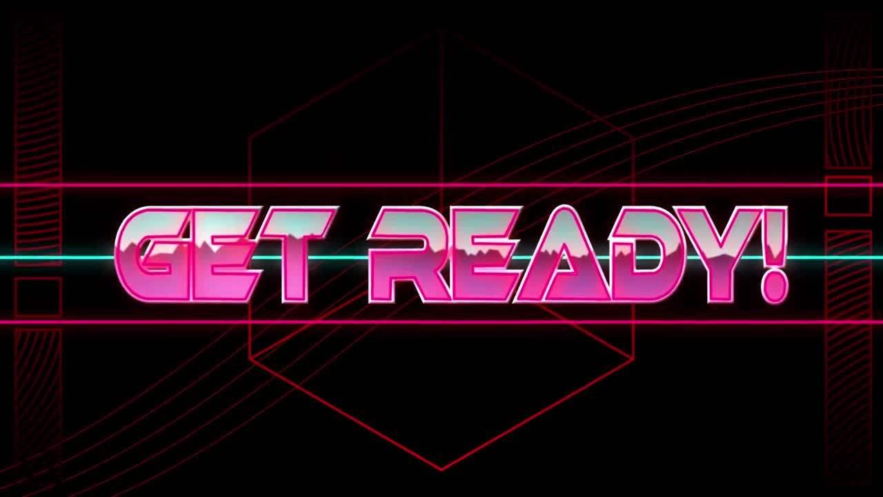 Animation of get ready text in pink metallic, over neon lines on black