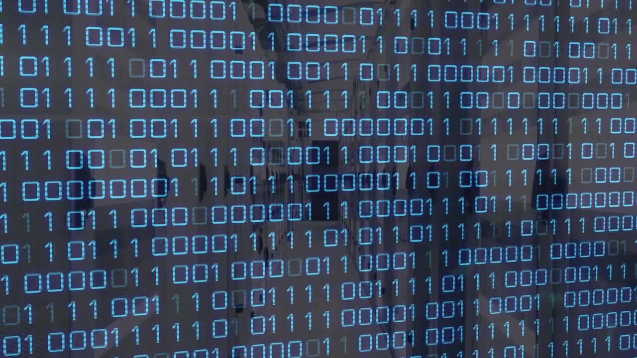 On start blue binary overlay flickering shifting digits, revealing office corridor for data flow