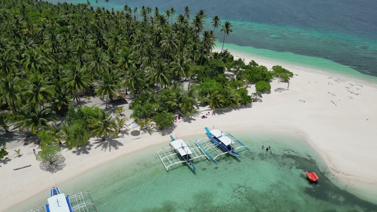 las canoas de apoyo bancario aterrizan en la arena de la costa de balabac junto a las palmeras