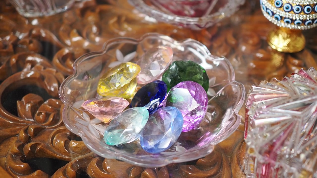 Colorful Decorative Gemstones in a Glass Bowl