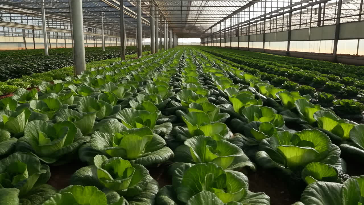 A large greenhouse with rows of green leafy vegetables
