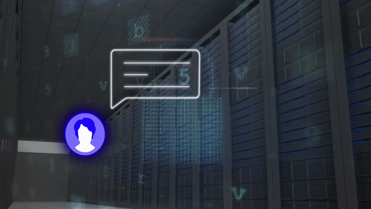 Animation of profile with message icon and cyber security data processing against server room