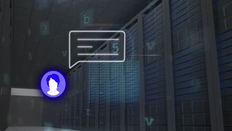 animación del perfil con icono de mensaje y procesamiento de datos de seguridad cibernética contra la sala de servidores.