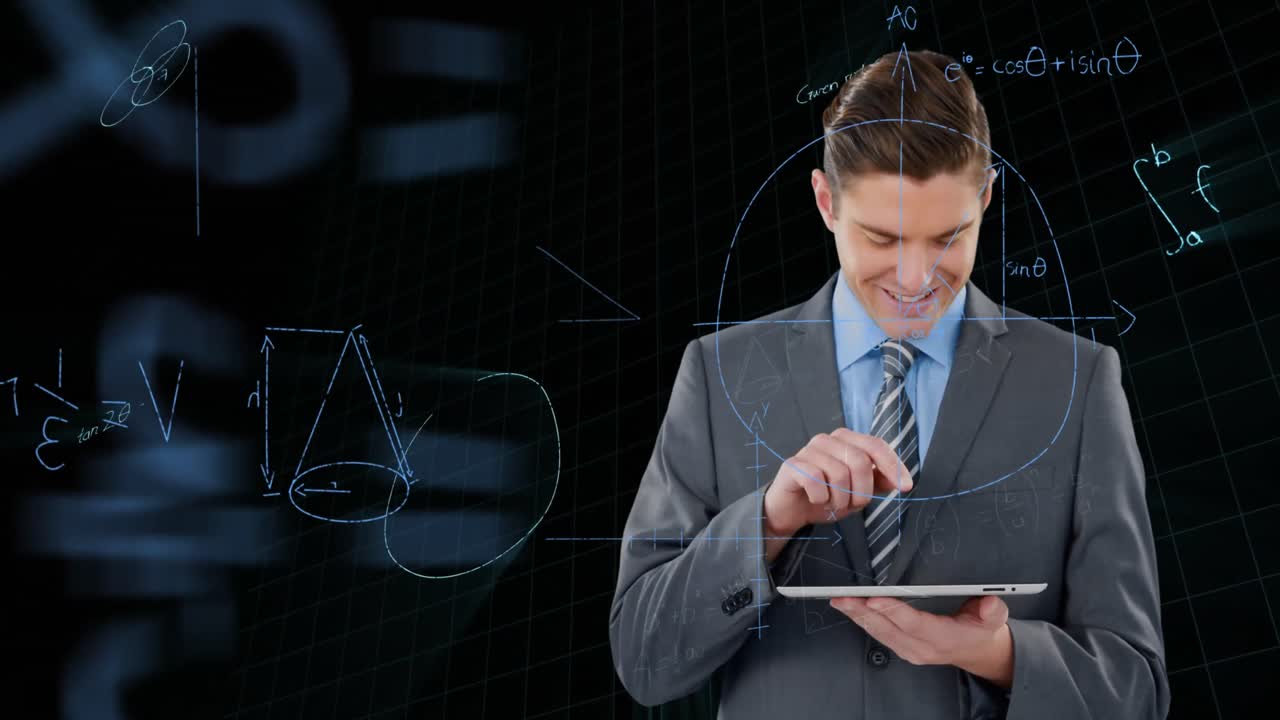 검은 바탕에 디지털 태블릿을 사용하는 사업가에 대해 떠다니는 수학적 방정식