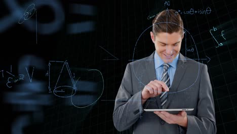 ecuaciones matemáticas flotando contra un hombre de negocios usando una tableta digital contra un fondo negro