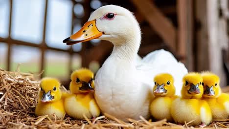 a mother duck and her ducklings in a barn with hay