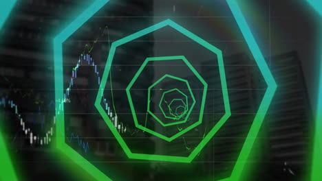 animación del procesamiento de datos financieros sobre el patrón de neón y el paisaje urbano