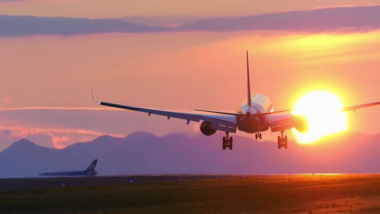 Video di un aereo che atterra al tramonto, ripreso dal basso, con cieli vibranti in evidenza.