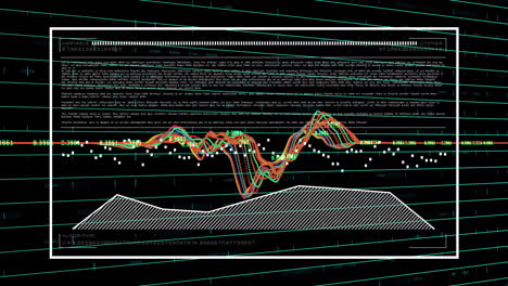 financial data analysis animation over fluctuating stock market graphs and text