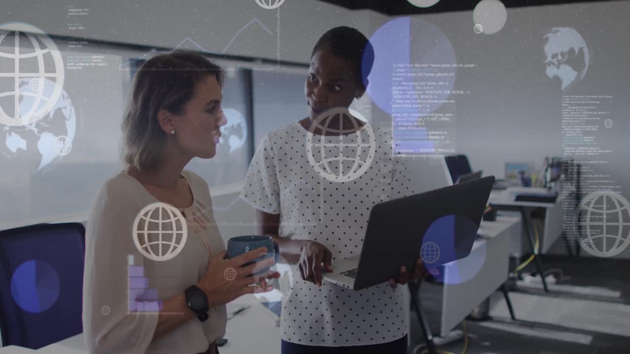 Animation of data processing and globe icons over diverse business people in office