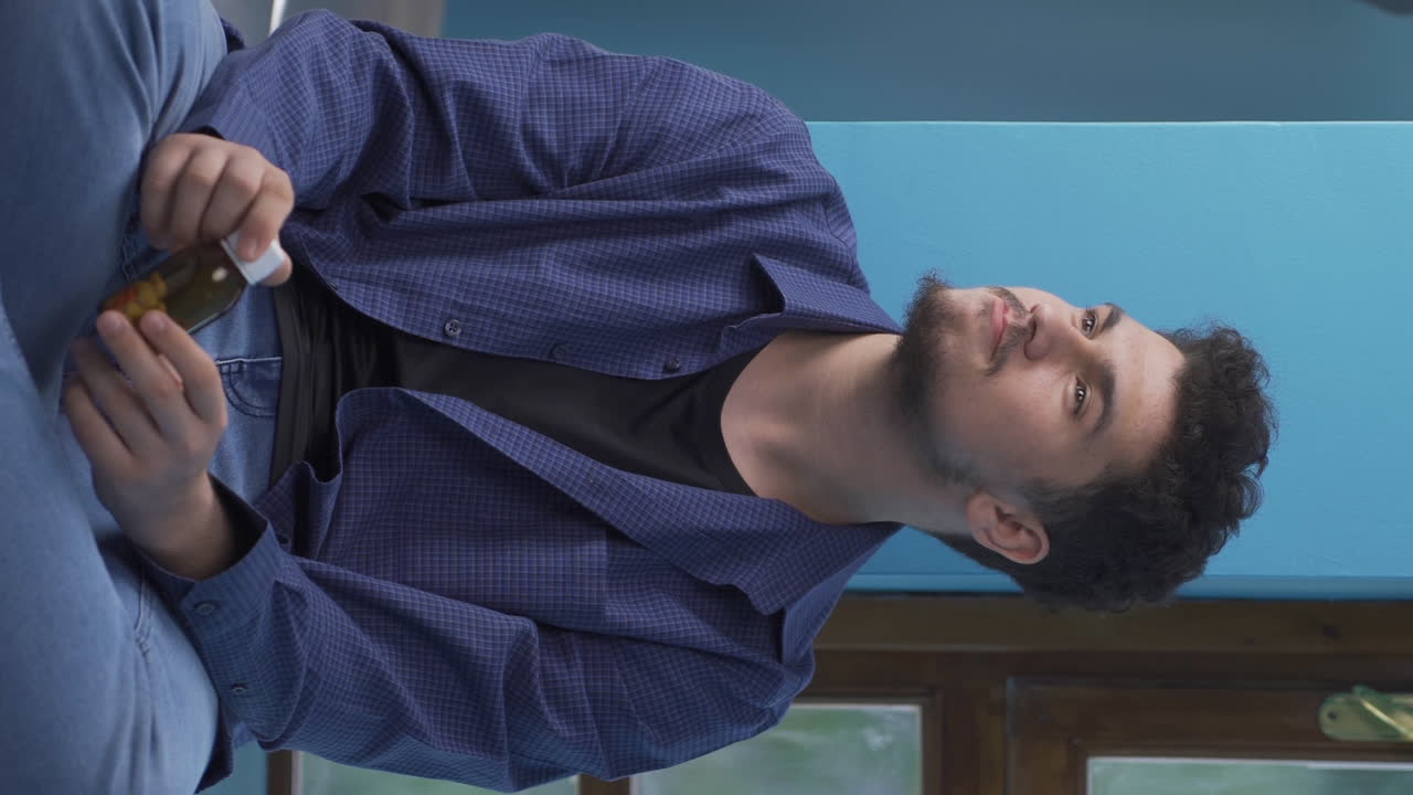 벽에 기대어 자살하는 남자의 수직 비디오.