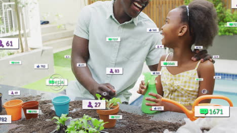 social media interaction animation over father and daughter gardening together