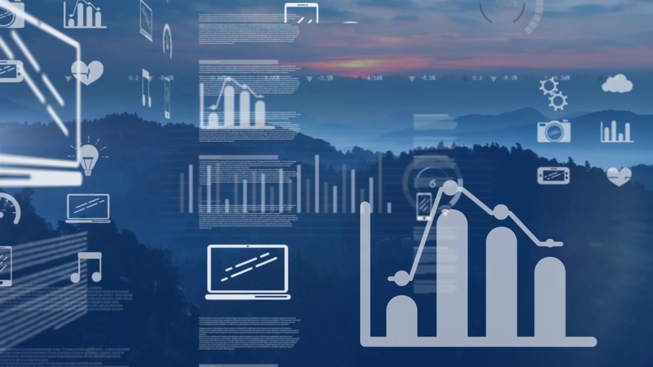 Digital Data and Technology Icons Over Serene Mountain Landscape